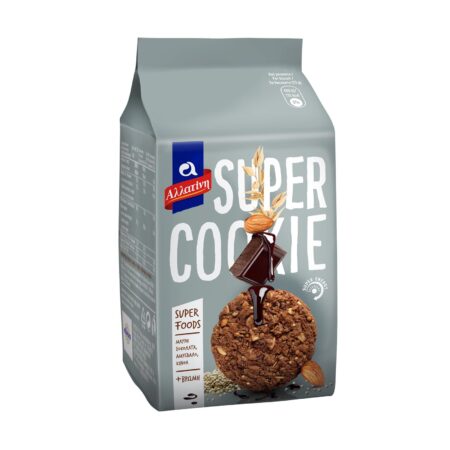 Super Cookie με Βρώμη, Μαύρη Σοκολάτα, Αμύγδαλο & Κινόα, Αλλατίνη (180g)